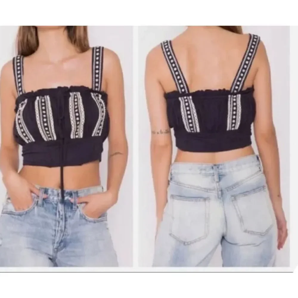 Free People Tops Crop Blue White Embroidered size s